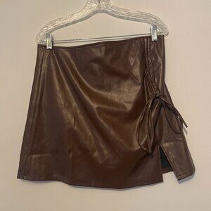 Micas | Brown Drawstring Tie Slit Leather Mini Skirt w/ Shorts - Women's Size XL